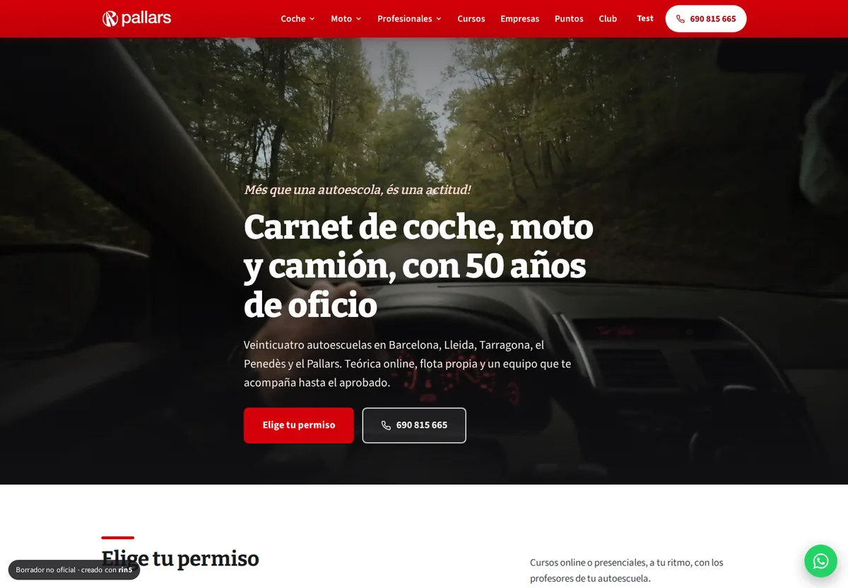 Home de la web de demostración de Autoescola Pallars, hecha por rin5